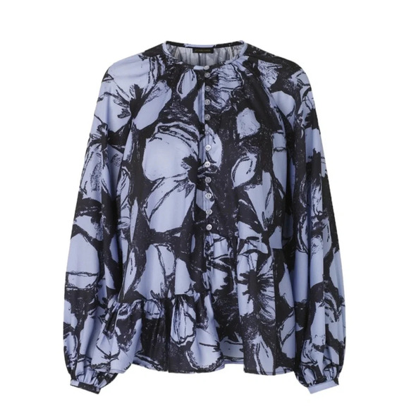 STINE GOYA Navy and Blue Patterned silky Blouse EUC large - Picture 3 of 12